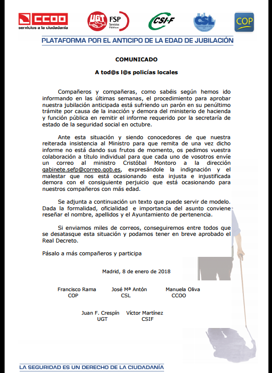 COMUNICADO PLATAFORMA ANTICIPO EDAD DE JUBILACIÓN POLICÍA LOCAL